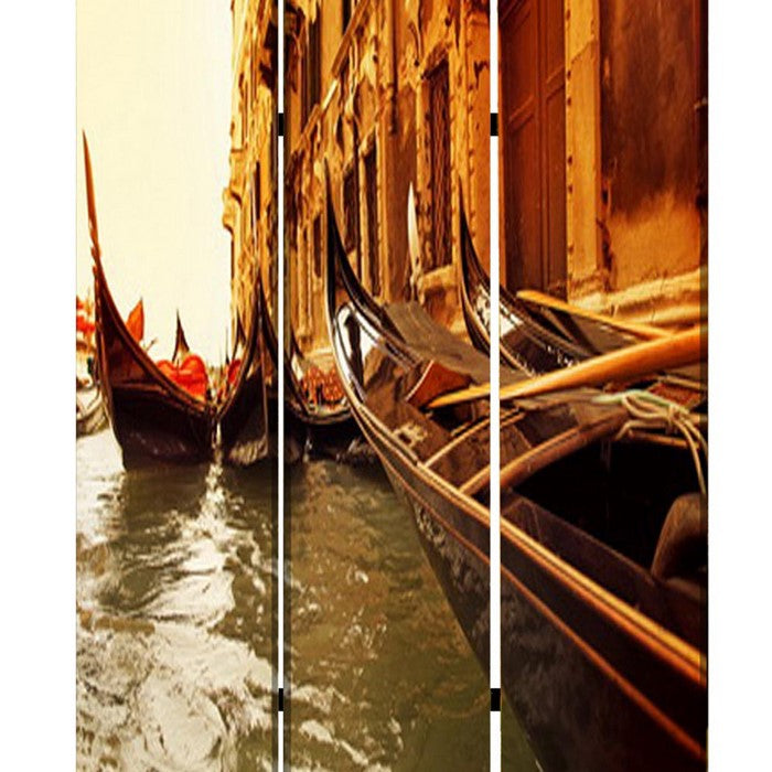 Venice Street Printed Foldable Screen with 3 Panels, Brown