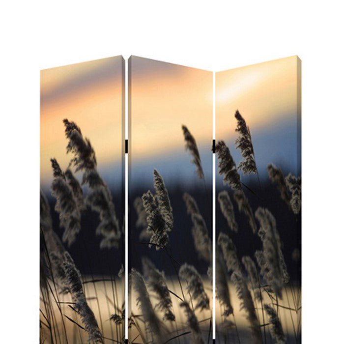3 Panel Reed Plant Print Foldable Canvas Screen, Gray
