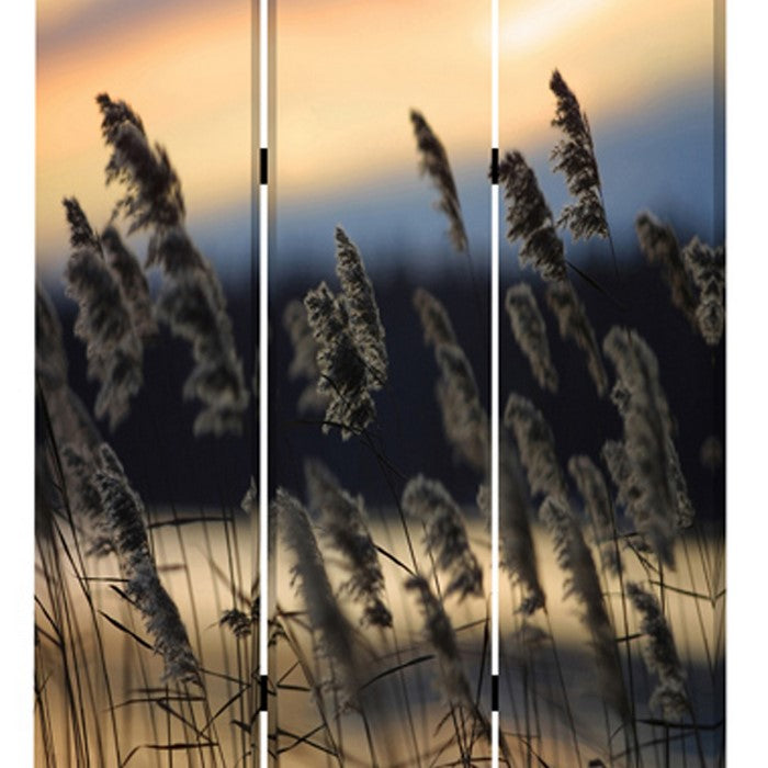 3 Panel Reed Plant Print Foldable Canvas Screen, Gray