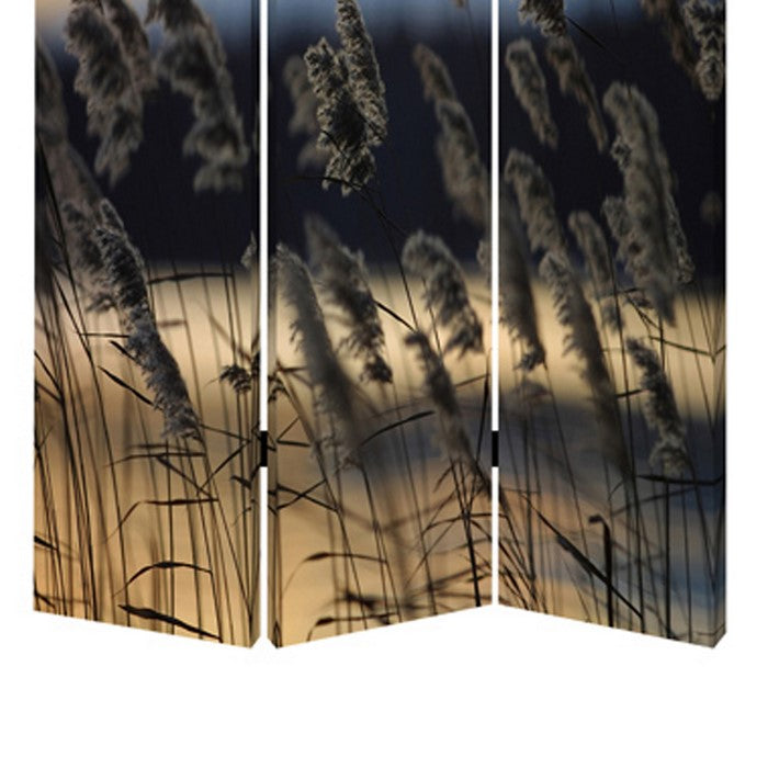3 Panel Reed Plant Print Foldable Canvas Screen, Gray