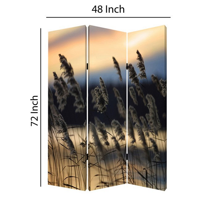3 Panel Reed Plant Print Foldable Canvas Screen, Gray