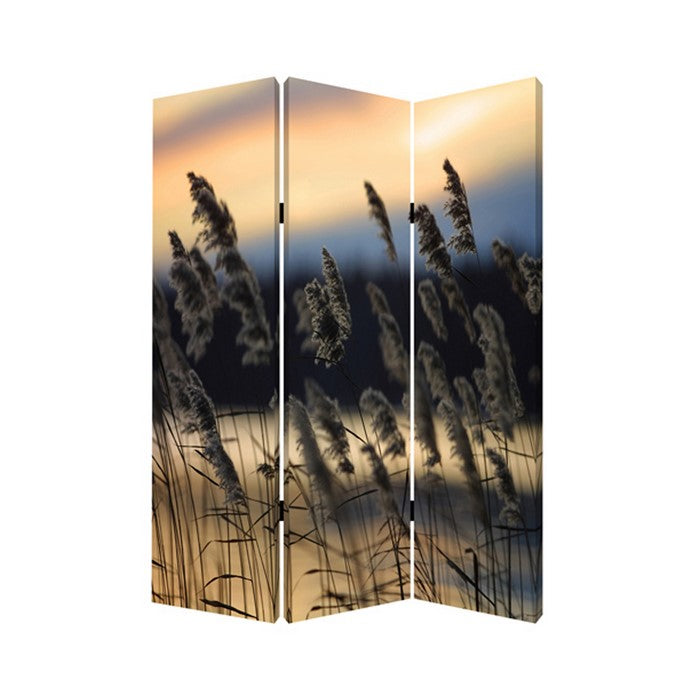 3 Panel Reed Plant Print Foldable Canvas Screen, Gray