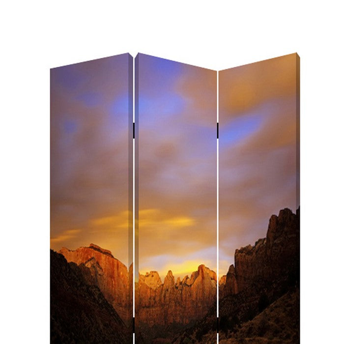 Sunset Plateau Print Foldable Canvas Screen with 3 Panels, Multicolor