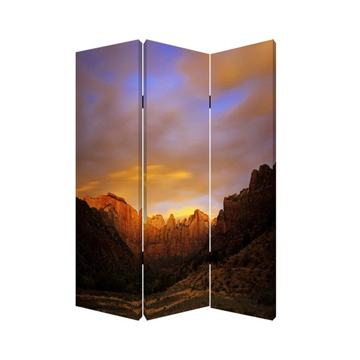 Sunset Plateau Print Foldable Canvas Screen with 3 Panels, Multicolor
