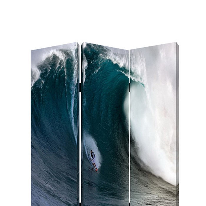 Surfing High Wave Print Foldable Canvas Screen with 3 Panels, Blue