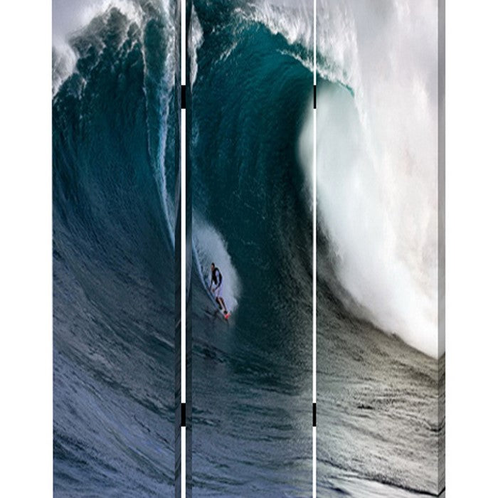 Surfing High Wave Print Foldable Canvas Screen with 3 Panels, Blue