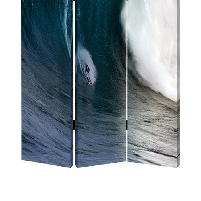 Surfing High Wave Print Foldable Canvas Screen with 3 Panels, Blue