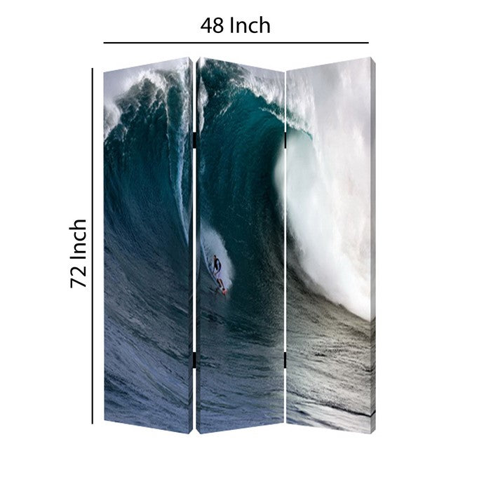 Surfing High Wave Print Foldable Canvas Screen with 3 Panels, Blue