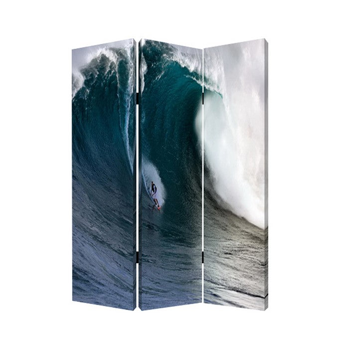Surfing High Wave Print Foldable Canvas Screen with 3 Panels, Blue