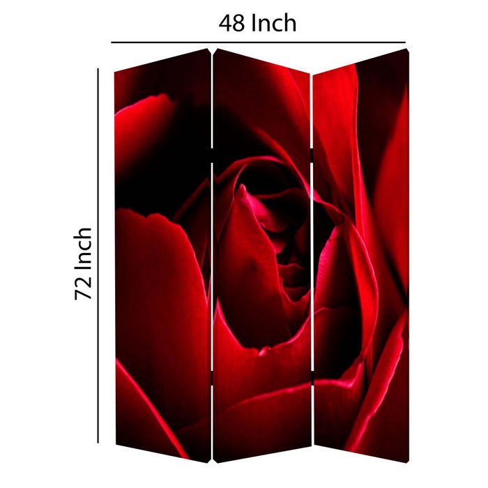 3 Panel Foldable Canvas Screen with Rose Print, Red