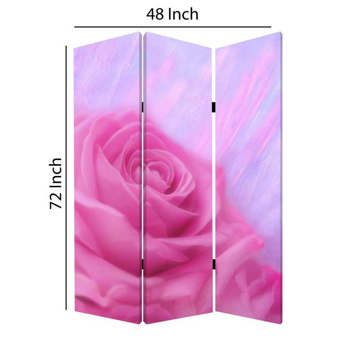 3 Panel Foldable Canvas Screen with Rose Print, Pink