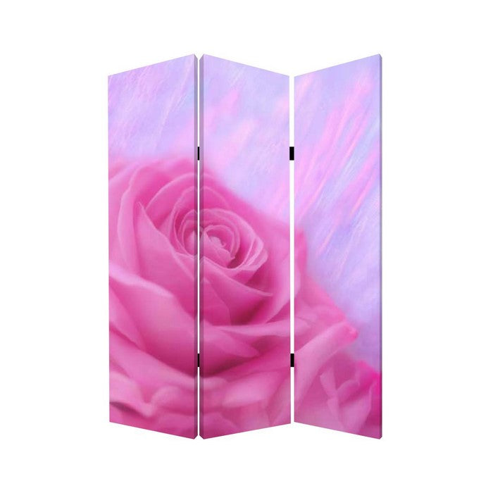 3 Panel Foldable Canvas Screen with Rose Print, Pink
