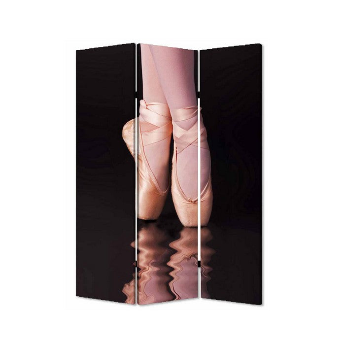 Ballet Shoe Print Foldable Canvas Screen with 3 Panels, Black and Pink
