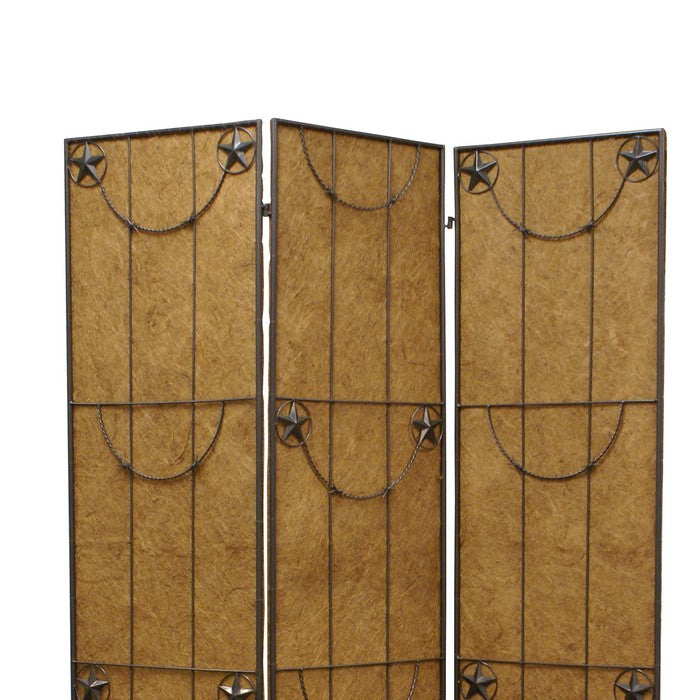 3 Panel Foldable Canvas Grill Screen with Lone Stars, Brown