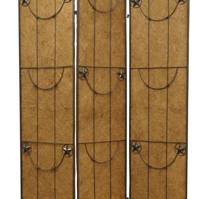 3 Panel Foldable Canvas Grill Screen with Lone Stars, Brown
