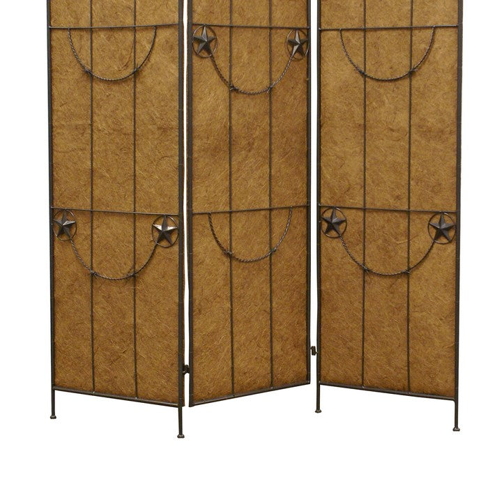 3 Panel Foldable Canvas Grill Screen with Lone Stars, Brown