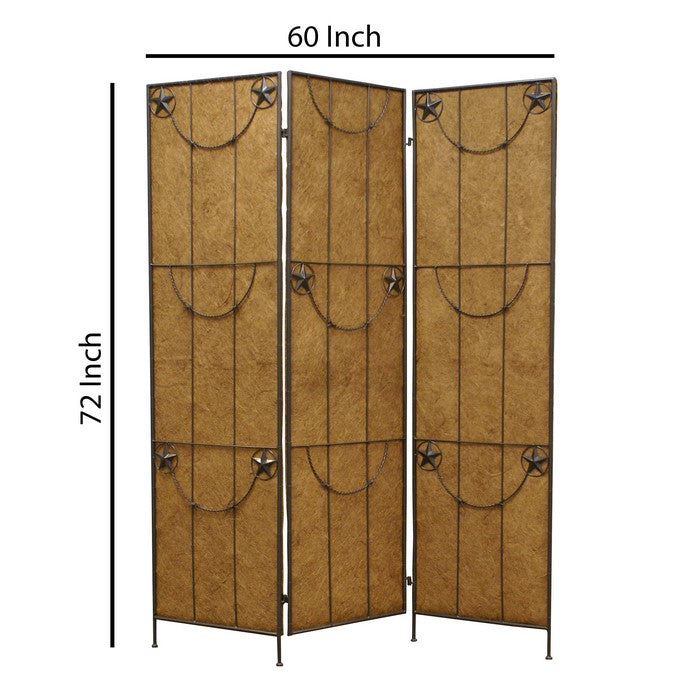 3 Panel Foldable Canvas Grill Screen with Lone Stars, Brown