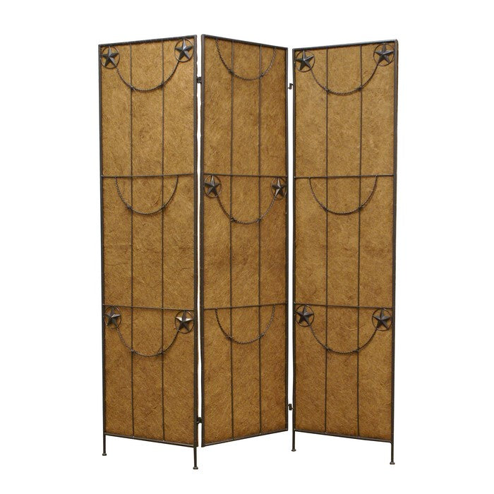 3 Panel Foldable Canvas Grill Screen with Lone Stars, Brown