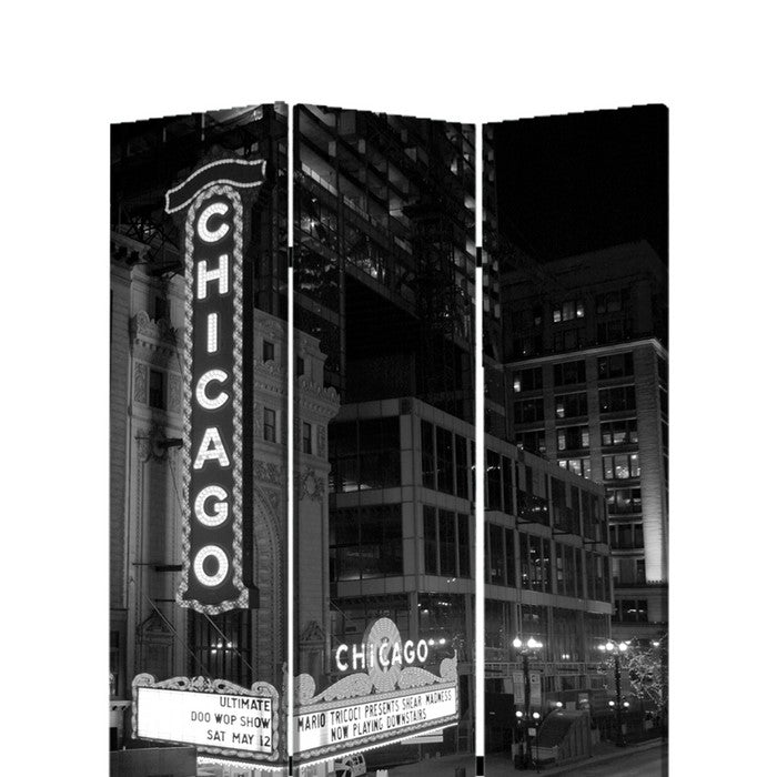 3 Panel Foldable Screen with Chicago Print, Black and White