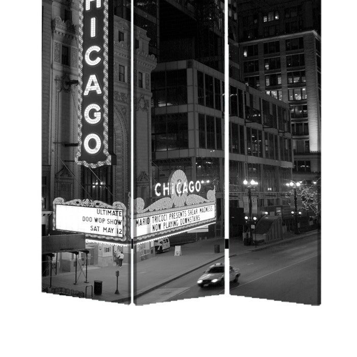 3 Panel Foldable Screen with Chicago Print, Black and White