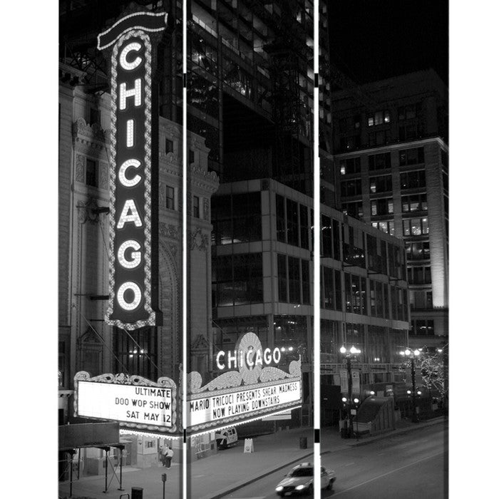 3 Panel Foldable Screen with Chicago Print, Black and White