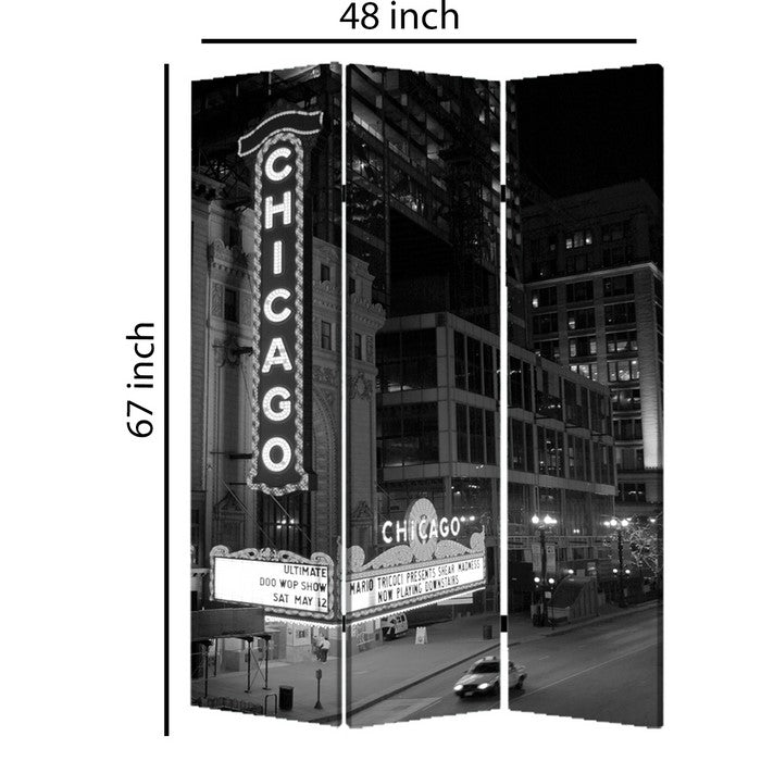 3 Panel Foldable Screen with Chicago Print, Black and White