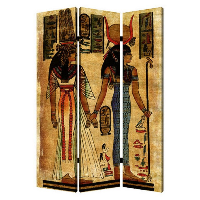 3 Panel Egyptian Safari Print Foldable Room Divider, Multicolor
