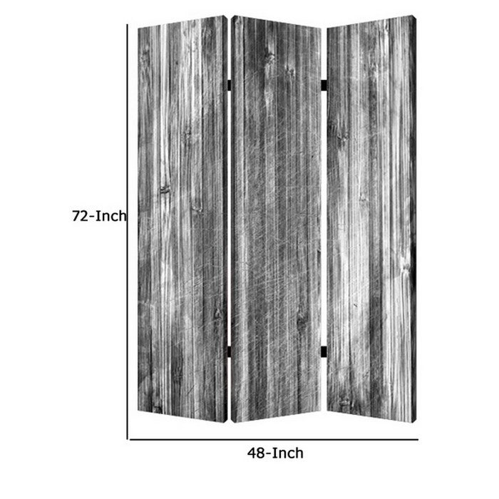3 Panel Canvas Room Divider with Distressed Wood Print, Gray and Black
