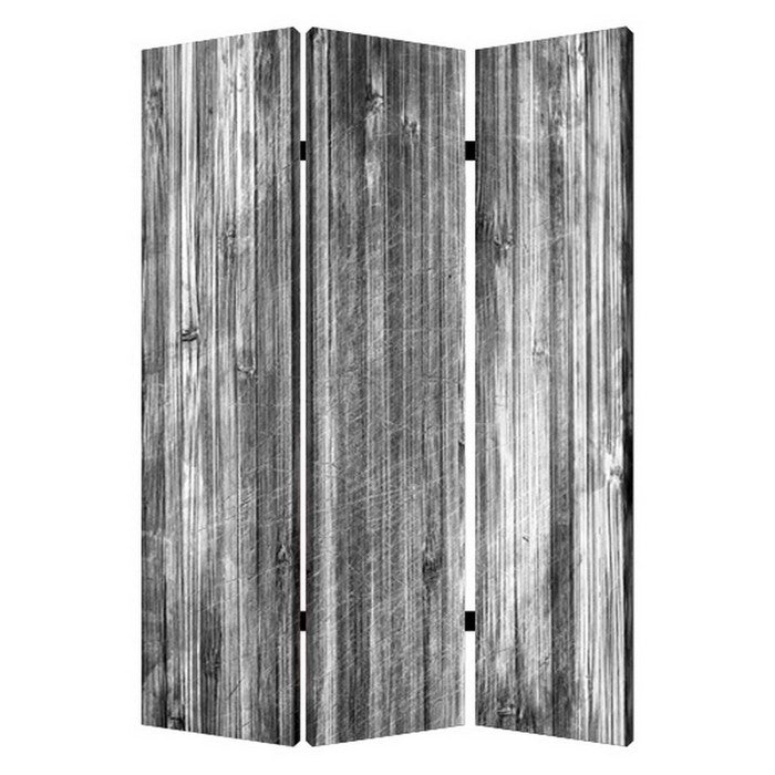 3 Panel Canvas Room Divider with Distressed Wood Print, Gray and Black