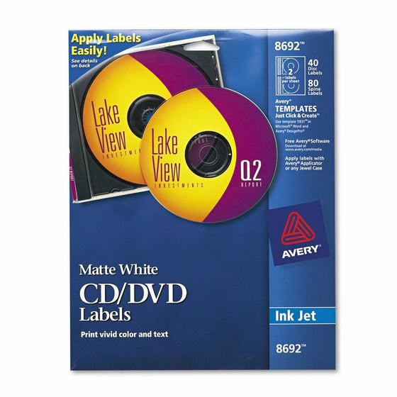 Avery CD Labels, Matte White, 40 Disc Labels and 80 Spine Labels (8692)