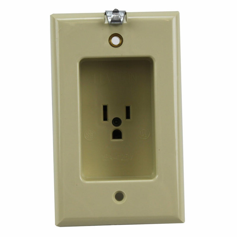 Leviton 688-I 15 Amp, 125 Volt, 1 Gang Recessed Single Receptacle, Residential Grade, with Clocked Hanger Hook, Ivory