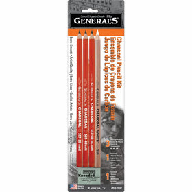 General's Charcoal Drawing Set, White/Black, Set of 4 Pencils and 1 Eraser