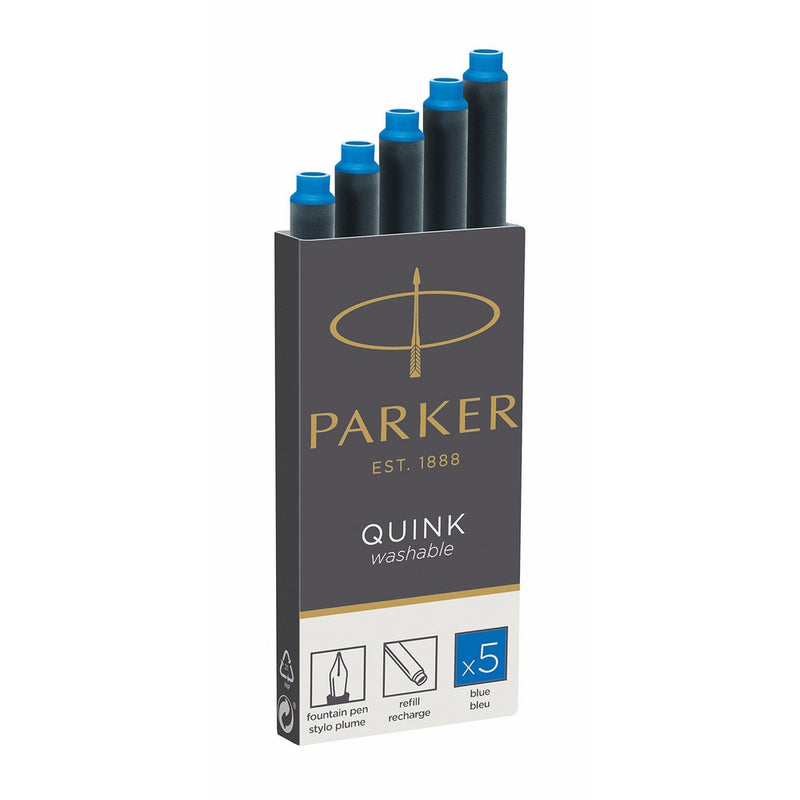 Parker 3016031PP PARKER QUINK Long Fountain Pen Ink Refill Cartridges, Blue, 5 Count