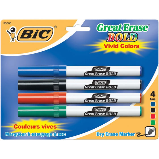 BIC Great Erase Bold Dry Erase Marker, Fine Point, Assorted Colors, 4-Count