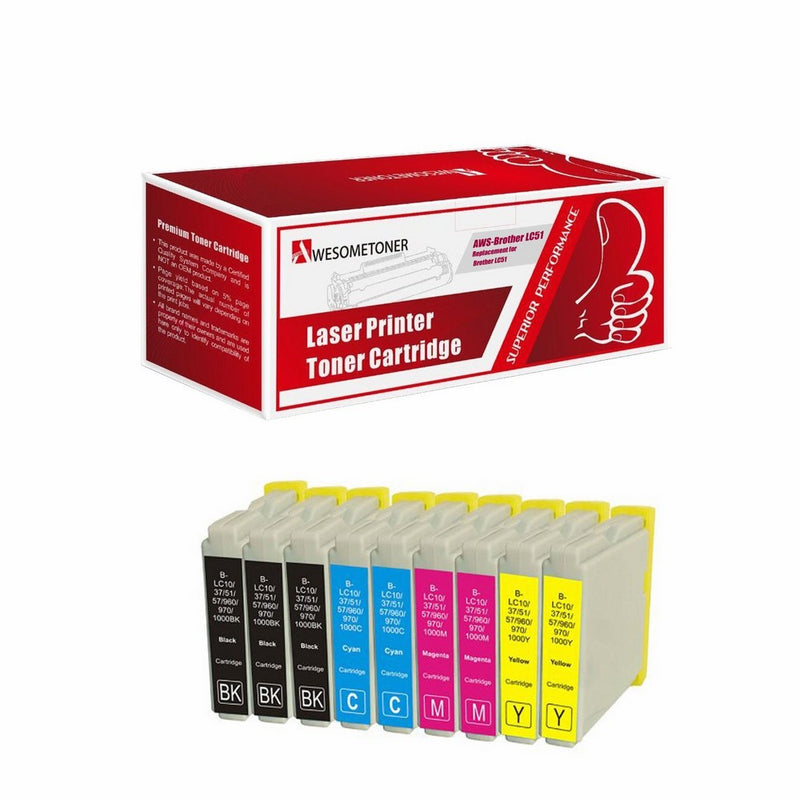 Awesometoner 9 Pack. Compatible Cartridges for Brother LC-51. Includes Cartridges for 3ea LC-51 Black 2ea LC-51 Cyan 2ea LC-51 Magenta 2ea LC-51 Yellow