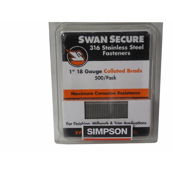 Simpson Swan Secure T18N100FNB 18-Gauge 316 Stainless Steel 1-Inch Brad Nails, 500 Per Box