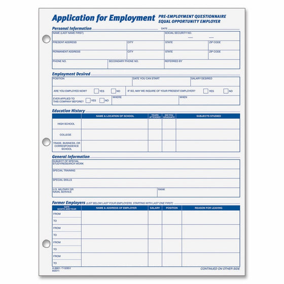 Adams Applications for Employment, 8.5 x 11 Inch, 3-Hole Punched, 50-Sheets/Pack, 2-Pack, White (9661)