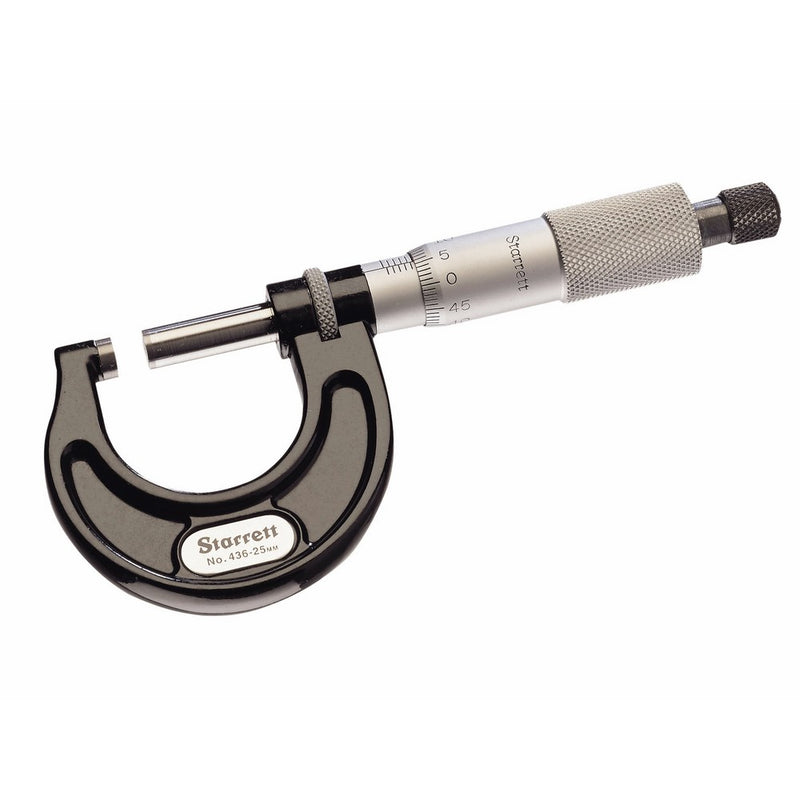 Starrett 436.2MXRL-25 Outside Micrometer, Ratchet Stop, Lock Nut, Carbide Faces, 0-25mm Range, 0.01mm Graduation, /-0.002mm Accuracy