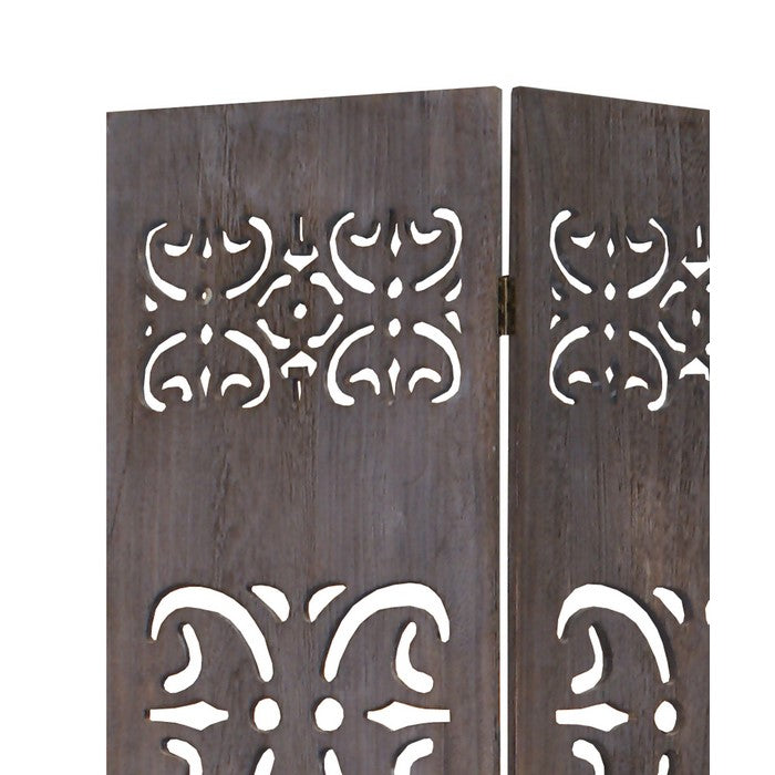 3 Panel Shinto Cut Out Design Foldable Room Divider, Brown