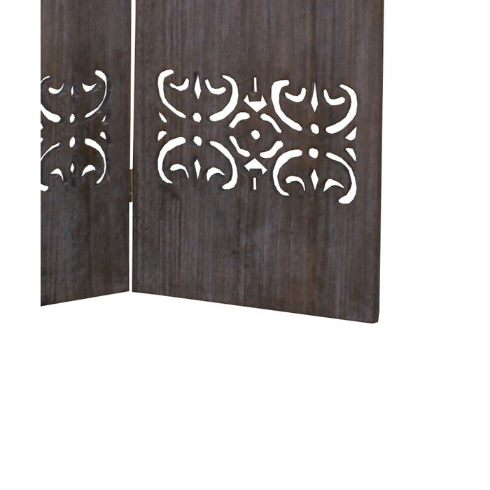 3 Panel Shinto Cut Out Design Foldable Room Divider, Brown