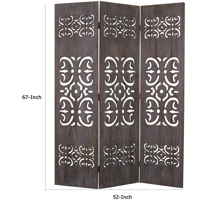 3 Panel Shinto Cut Out Design Foldable Room Divider, Brown