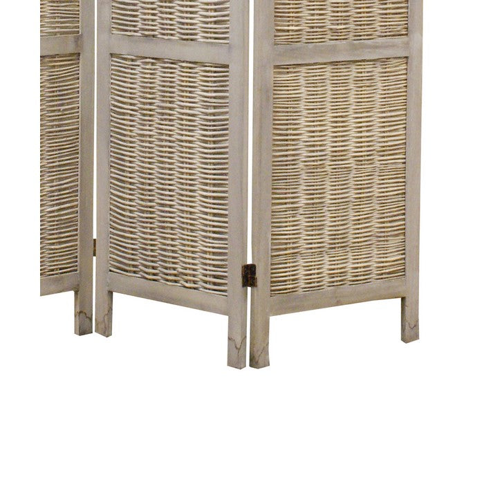 Cottage Style 3 Panel Room Divider with Willow Weaving, Gray