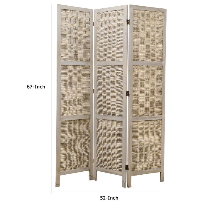 Cottage Style 3 Panel Room Divider with Willow Weaving, Gray