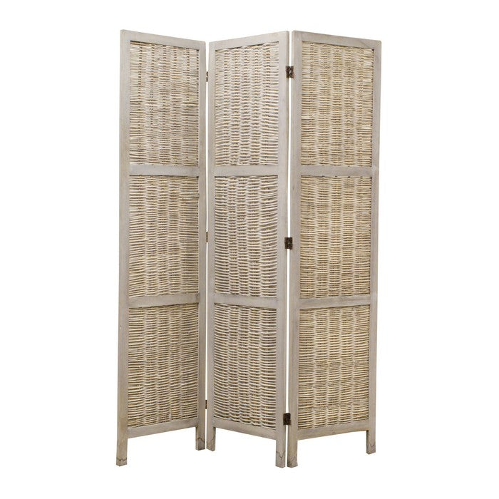 Cottage Style 3 Panel Room Divider with Willow Weaving, Gray