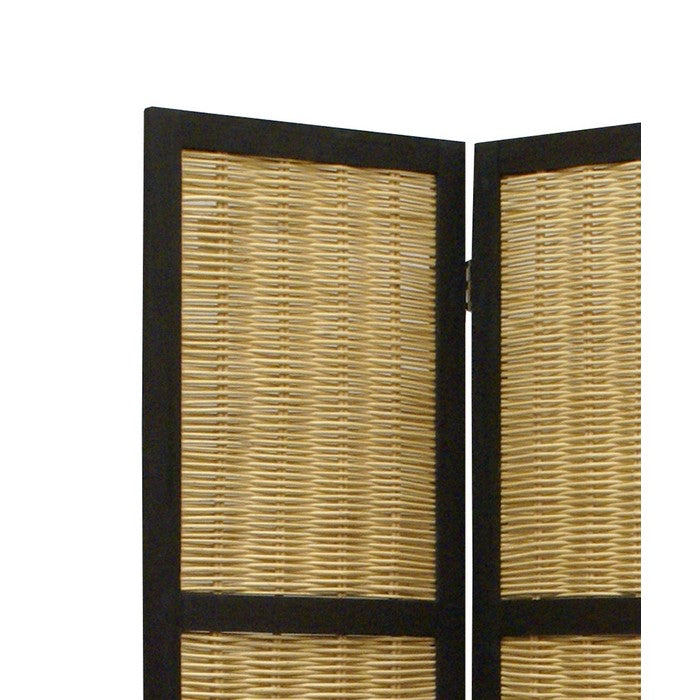 Cottage Style 3 Panel Room Divider with Willow Weaving, Black and Brown