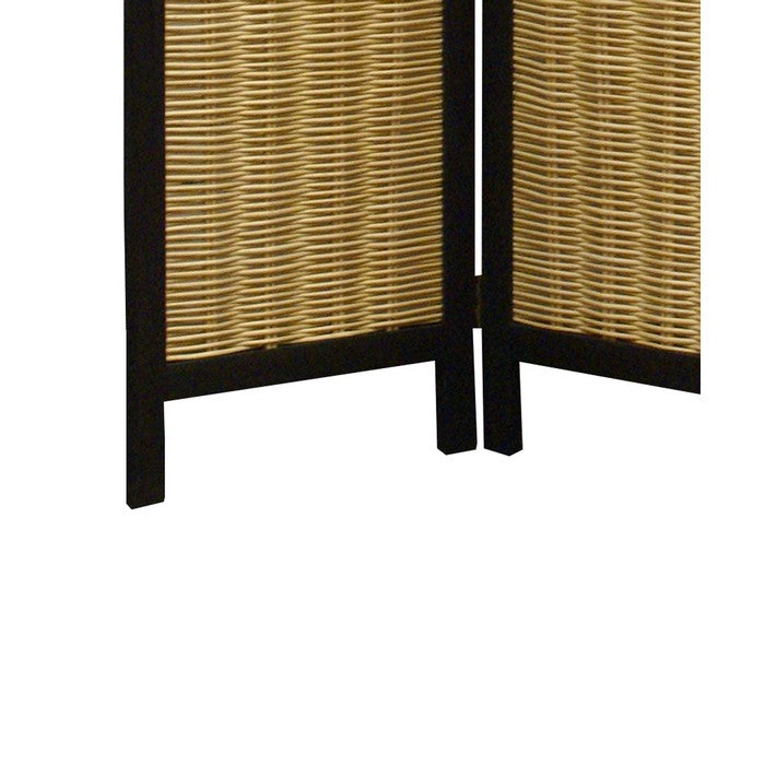 Cottage Style 3 Panel Room Divider with Willow Weaving, Black and Brown