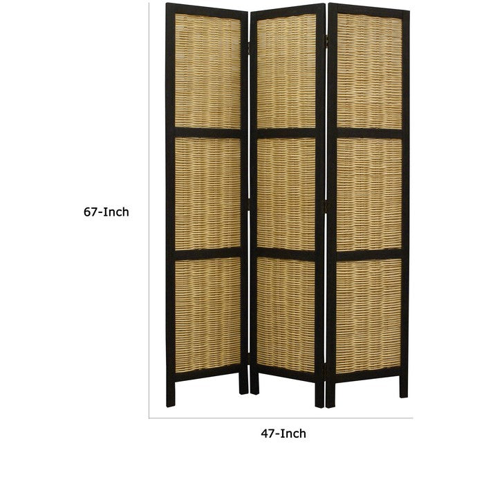 Cottage Style 3 Panel Room Divider with Willow Weaving, Black and Brown