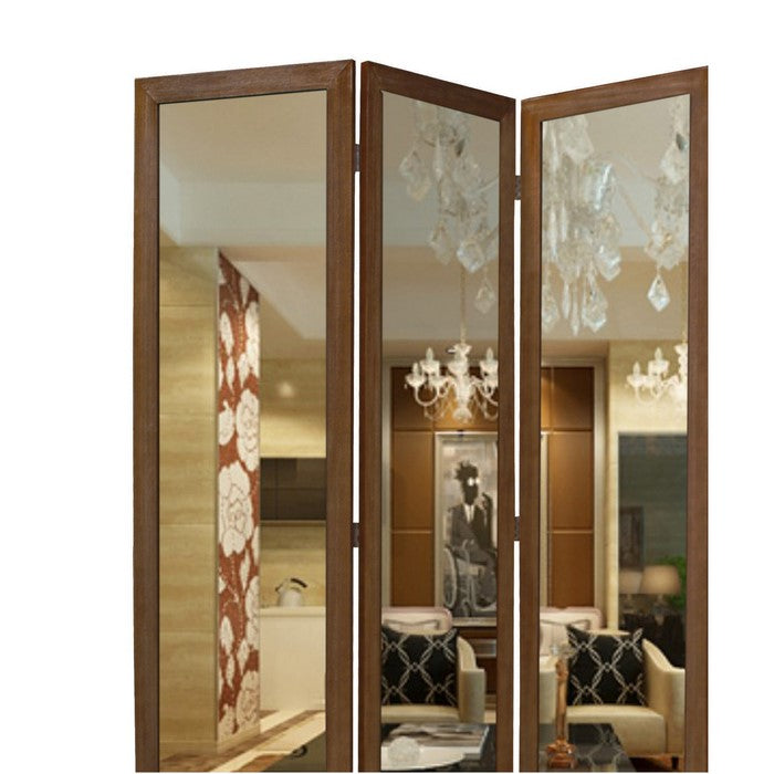 3 Panel Wooden Foldable Mirror Encasing Room Divider, Brown and Silver
