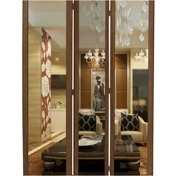 3 Panel Wooden Foldable Mirror Encasing Room Divider, Brown and Silver