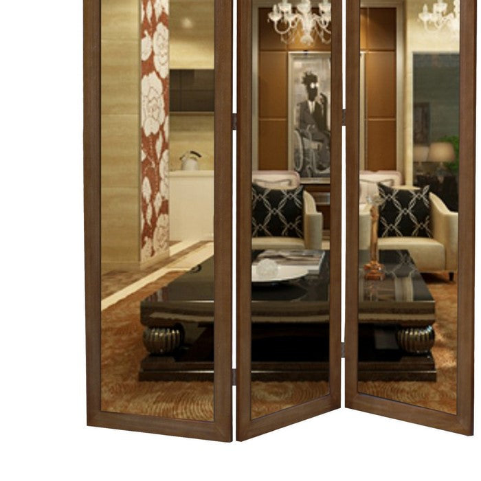 3 Panel Wooden Foldable Mirror Encasing Room Divider, Brown and Silver